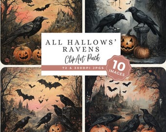 All Hallows Ravens, Halloween Clipart Pack, Gothic Autumn JPG Images