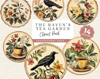 Raven Tea Garden PNG Clipart, Gothic Botanical Plates, Vintage Floral Tea Art
