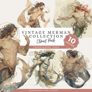 May include: A digital art pack featuring a vintage merman collection. The image showcases several illustrations of muscular male figures with fish tails, in various poses. The text on the image reads "Vintage Merman Collection Clipart Pack" and "10 Images".