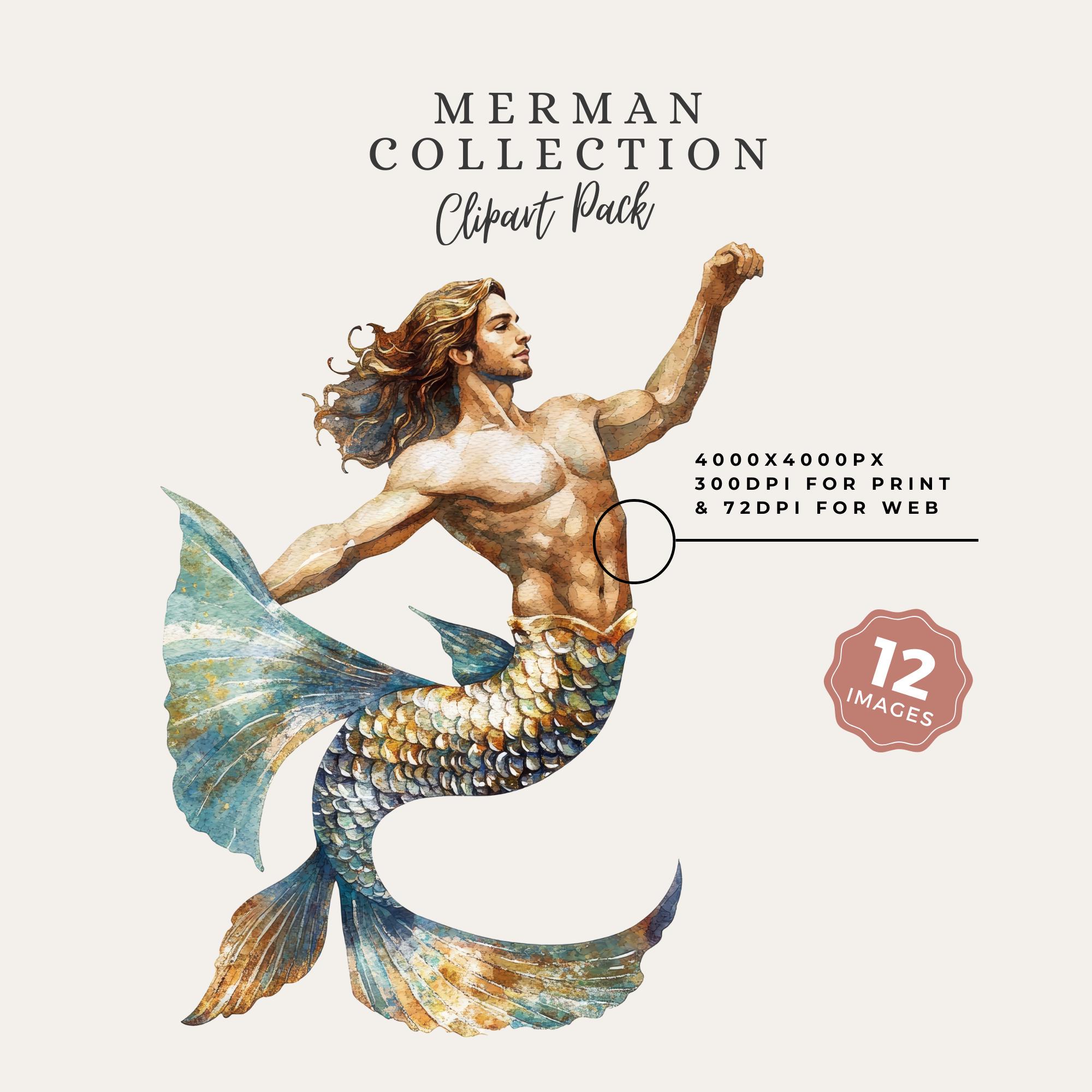 Merman Clipart Pack, Fantasy Sea Prince Pngs, Scrapbooking, Wall Art ...
