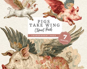 Flying Pigs Clipart, Vintage Winged Pig PNG, Whimsical Fantasy Illustrations