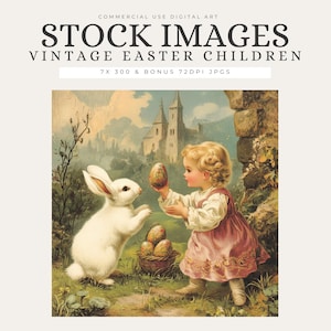 Vintage Easter Bunny Clipart, Victorian Easter Digital Art, Antique Child and Rabbit Illustration, Retro Egg Printable JPG Download - STKS27