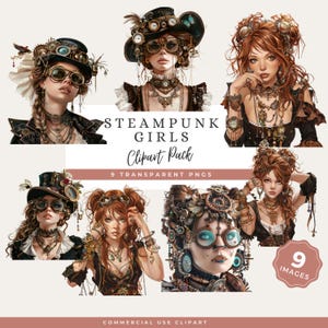 Steampunk Woman Goggles Clipart: Watercolor Victorian PNG Digital Ephemera Set