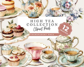 High Tea Clipart, Tea Party PNG Graphics, Vintage Teapot and Cake Illustrations
