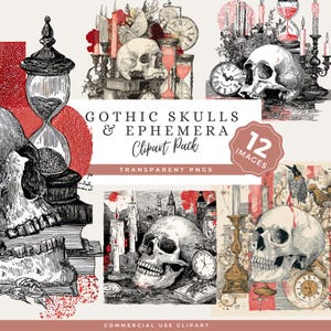 Könnte beinhalten: Ein digitales Clipart-Paket mit gotischen Schädeln und Ephemera. Die Bilder enthalten detaillierte Illustrationen von Schädeln, Sanduhren, Uhren, Kerzen und Blumenarrangements, mit einer Vintage-Ästhetik. Der Text lautet "Gothic Skulls & Ephemera Clipart Pack" und "12 Images".