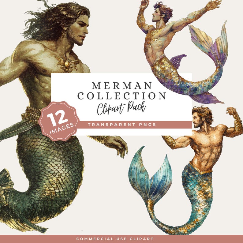 Prince Mer Men Merman Clipart Pack, Fantasy Sea Prince Pngs, Scrapbooking, Wall Art ...