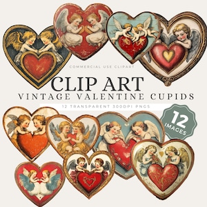 Cherub Valentines Clipart PNG – 12 Vintage Cupid Graphics, Retro Heart Angel Art for Cards & Scrapbooking, Printable Cupid Art - CAS27