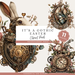 Könnte beinhalten: Ein digitales Clipart-Paket mit einem gotischen Osterthema. Das Bild zeigt Illustrationen von Hasen, Uhren und floralen Elementen im Steampunk-Stil. Der Text lautet "IT'S A GOTHIC EASTER Clipart Pack" und "11 IMAGES".
