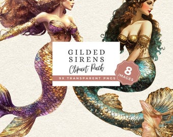 Gilded Sirens PNG Clipart, Mermaid Fantasy Graphics, Vintage Ocean Myth Art
