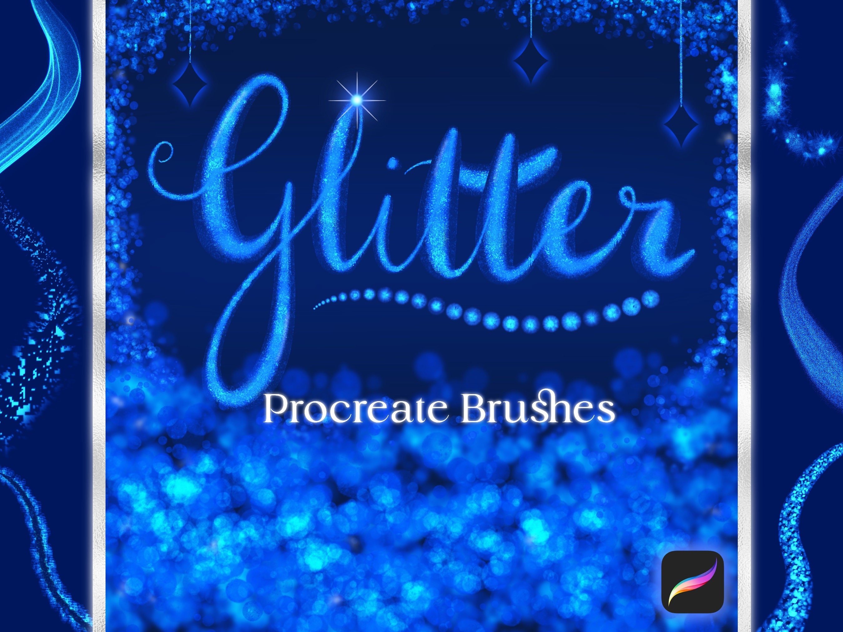 50+ pincéis de glitter para Procreate (lettering e arte) — sparkle, metálico, brilho 3D + carimbos bônus