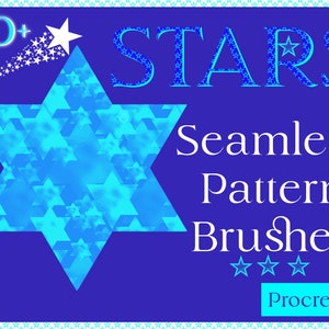 May include: A blue and white digital illustration of a six-pointed star with the text "60+ STARS Seamless Pattern Brushes" and "Procreate" below the star.