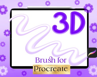 Könnte beinhalten: Ein digitales Tablet zeigt ein 3D-Design mit dem Text "3D Brush for Procreate". Das Design zeigt eine fließende weiße Linie und lilafarbene 3D-Text. Der Hintergrund ist ein violetter Farbverlauf mit floralen Akzenten und einem Stift.