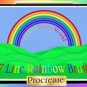 May include: A digital illustration of a rainbow with the text "Colour Your World" in the center. Below the rainbow is a green landscape with the text "7 Line Rainbow Brush Procreate" at the bottom.