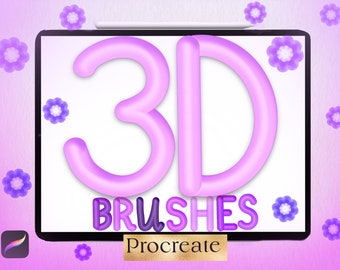 Könnte beinhalten: Eine digitale Illustration eines Tablet-Bildschirms, auf dem der Text "3D BRUSHES Procreate" in einer 3D-Blasen-Schriftart angezeigt wird. Der Text ist in Rosa- und Lilatönen gehalten. Der Hintergrund ist weiß mit kleinen lila Blüten, die um das Tablet herum verstreut sind.