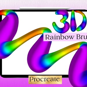 May include: A digital illustration of a rainbow 3D brush for the Procreate app. The brush is shown creating a rainbow-colored, 3D, wavy line.