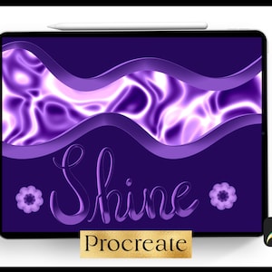 May include: Purple and white abstract design with the word "Shine" in a 3D style font on a dark purple background. The Procreate app logo is in the bottom right corner.