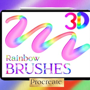 Könnte beinhalten: Eine digitale Illustration eines 3D-Pinsel-Sets in Regenbogenfarben für Procreate. Der Text "Rainbow Brushes" und "3D" wird auf weißem Hintergrund angezeigt.