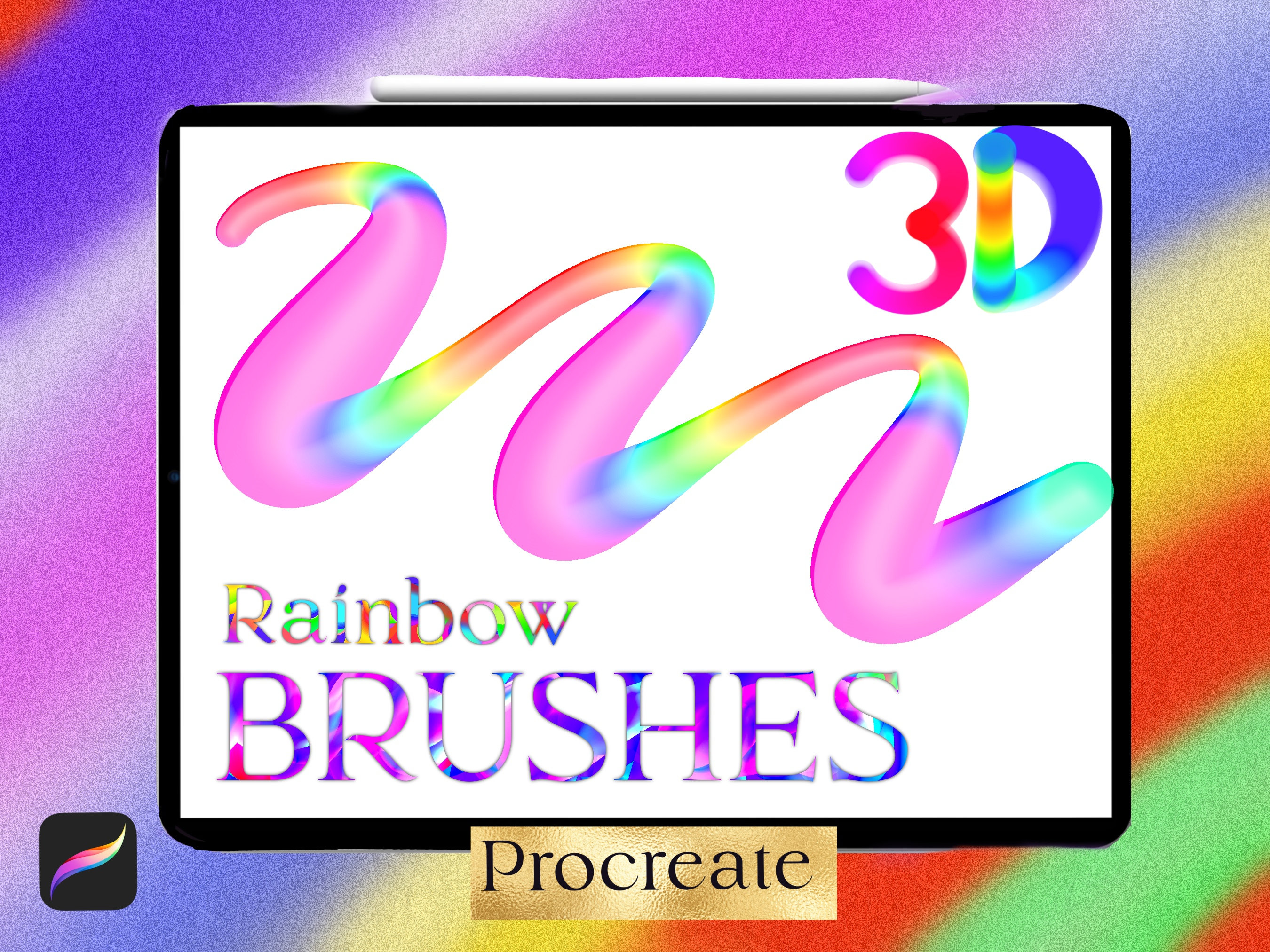 Procreate Rainbow 3D Brushes, Procreate Lettering Brush, Instant