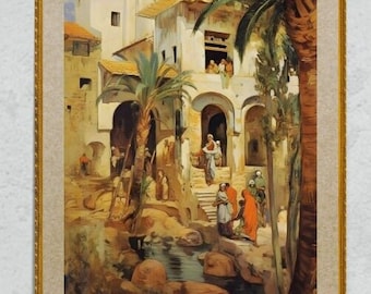 Arab Art, Palestine Villa, Middle Eastern, Paint, PRINT