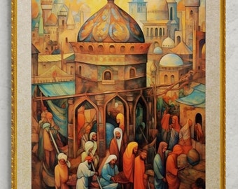 Arab Art, Palestine Market, Classic Arab Painting, Middle Eastern Art Print