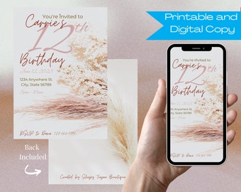 May include: A birthday invitation with the text "You're Invited to Carrie's 12th Birthday" in a stylish font. The design includes floral elements and the date June 12, 2023. A smartphone displays the digital copy.
