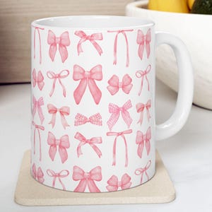 Coquette Pink Bows Mug Ceramic Mug, 11oz Girly Coffee Cup Cute Tea Mug Gift for Her Pink Bow Decor Feminine Kitchen Mug Coffee Lover Gift