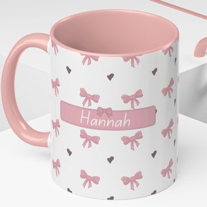 Personalisierte Name Kaffeetasse Rosa Bögen Becher Geschenk für Sie Kundenspezifische Tasse Netter Geburtstagsgeschenk Becher Kaffee-Liebhaber-Rosa-Bogen Kokette Becher Geschenk-Bogen-Liebhaber