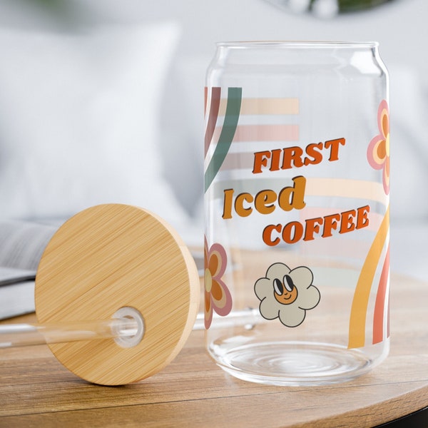 Retro Iced Coffee Sipper Glass 16oz gift for best friend flowers glass cup gift for her birthday orange retro cup summer coffee bar idea