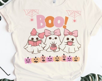 Coquette Halloween Shirt Women, Pink Bow Ghost Tee, Cute Spooky Season T-Shirt, Girly Halloween Gift for Her, Boo Ghost Graphic Tee