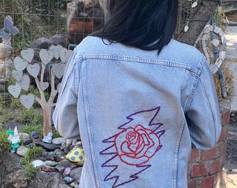 Upcycled Grateful Dead Rose and Lightening Bolt Denim Jacket Hand Embroidered - M