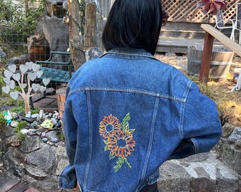Upcycled Sunflower Denim Jacket Hand Embroidered - S