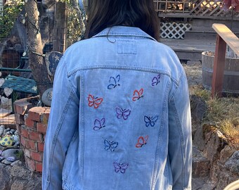 Upcycled Butterflies Denim Jacket Hand Embroidered - XL