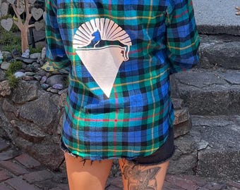 Upcycled Flannel with Vinyl Cats Under the Stars - S