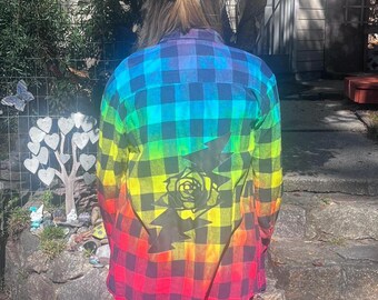 Upcycled Grateful Dead Tie dyed Flannel with Rose Lightining Bolt - L