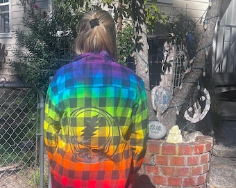 Upcycled Grateful Dead Tie dyed Flannel with Stealie (Steal Your Face) - L
