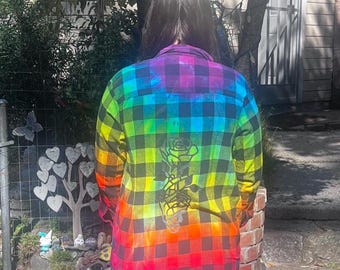 Upcycled Grateful Dead Tie dyed Flannel with Rose in Skeleton Hand - M