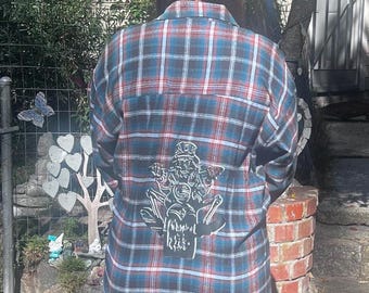 Upcycled Flannel with Vinyl Grateful Dead Motorcycle Riding Skeleton- L