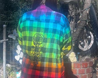 Upcycled Grateful Dead Tie dyed Flannel with Rose in Skeleton Hand - XL