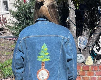 Upcycled Banjo Redwood Tree Denim Jacket Hand Embroidered - L