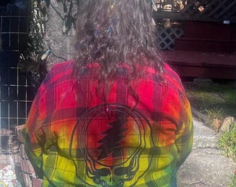 Upcycled Grateful Dead Tie dyed Flannel with Stealie (Steal Your Face) - XXXL