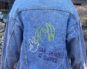 Upcycled Beatles/ John Lennon Denim Jacket Hand Embroidered - L