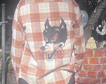 Upcycled Flannel with Vinyl Grateful Dead Wolf- S