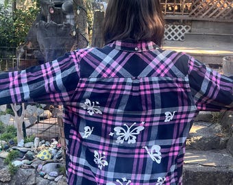 Upcycled Flannel with Vinyl Cut Butterflies - L