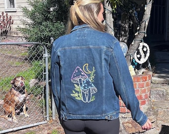 Upcycled Mushrooms Denim Jacket Hand Embroidered - M