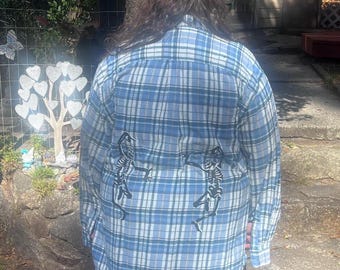 Upcycled Flannel with Vinyl Grateful Dead Dancing Skeletons- XXXL