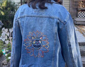 Upcycled Grateful Dead China Cat Sunflower Denim Jacket Hand Embroidered - L