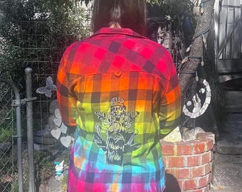 Upcycled Grateful Dead Tie dyed Flannel with Motorcycle Riding Skeleton - L