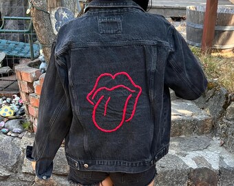 Upcycled Rolling Stones Logo Hand Embroidered Black Denim Jacket-L