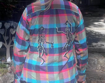 Upcycled Flannel with Vinyl Grateful Dead Dancing Skeletons- S
