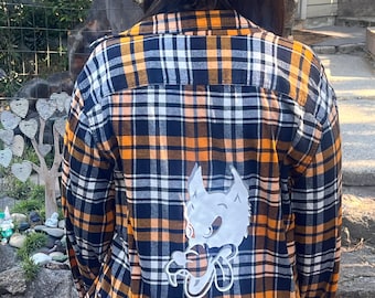 Upcycled Flannel with Vinyl Cut Grateful Dead Wolf - XL